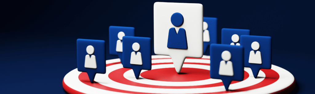 A group of user icons placed on a red target representing targeted advertising for effective local marketing.