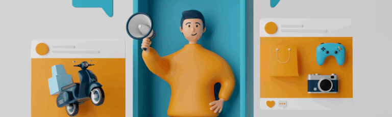 A man holding a megaphone, engaged in eCommerce social media marketing.