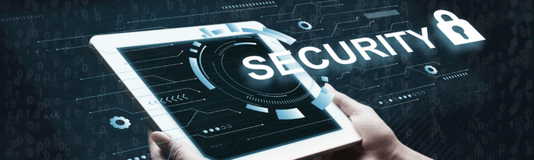 A tablet with a security concept displayed on it and two hands holding the device, symbolizing the importance of SEO content in cybersecurity.